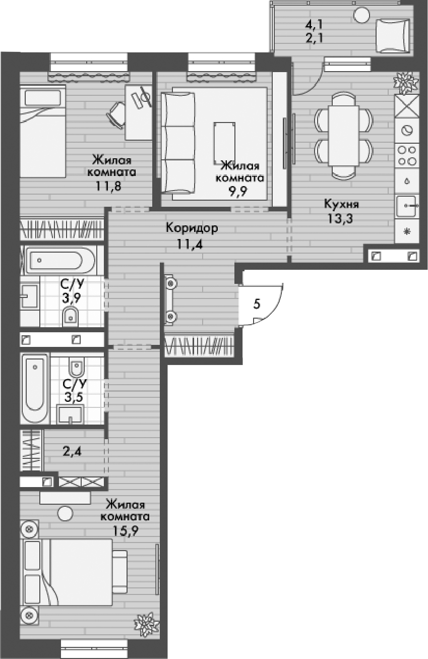 Планировка — Форест, 3-комн., 72 м²