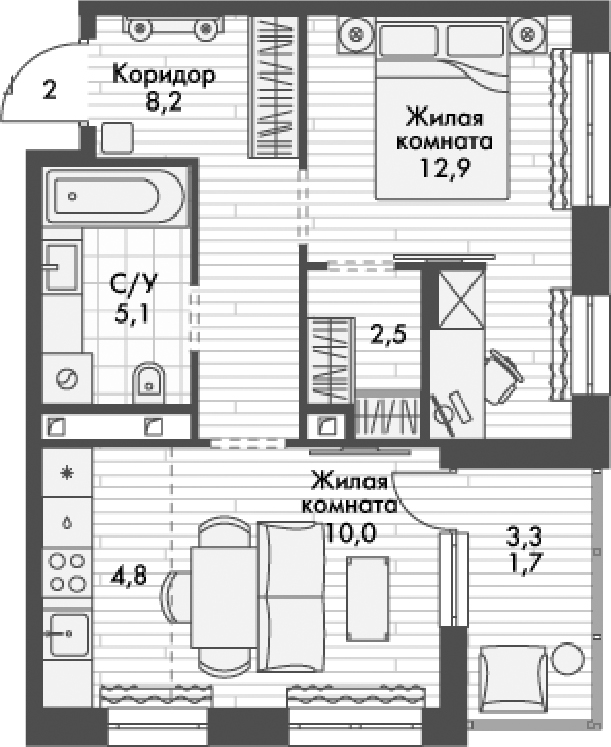 Планировка — Форест, 1-комн., 44 м²