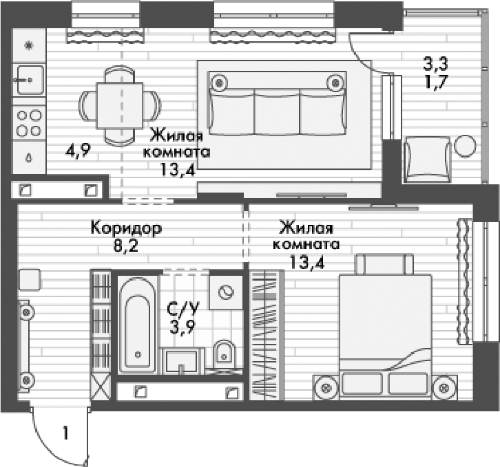 Планировка — Форест, 2-комн., 44 м²