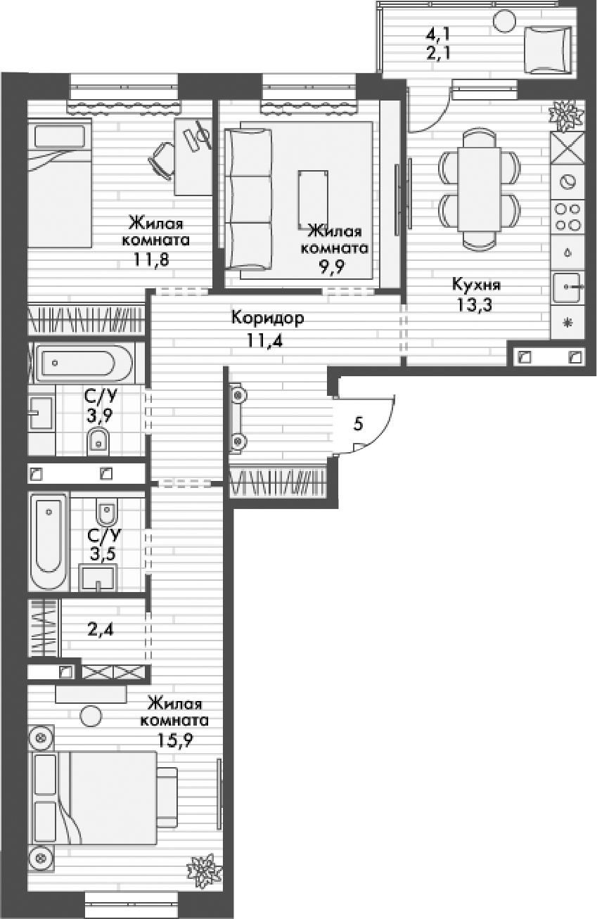 Планировка — Форест, 3-комн., 72 м²