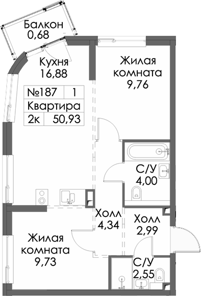 Планировка — Таулар, 2-комн., 50 м²