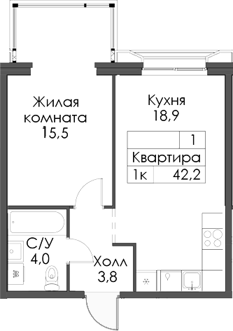 Планировка — Ботаническая 3, 1-комн., 42 м²