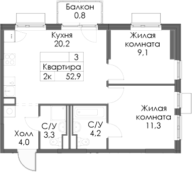 Планировка — Матюшино парк, 2-комн., 52 м²