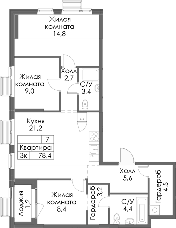 Планировка — Матюшино парк, 3-комн., 77 м²