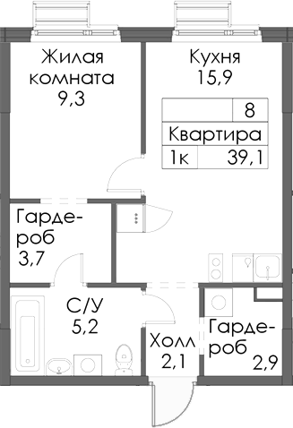 Планировка — Матюшино парк, 1-комн., 39 м²