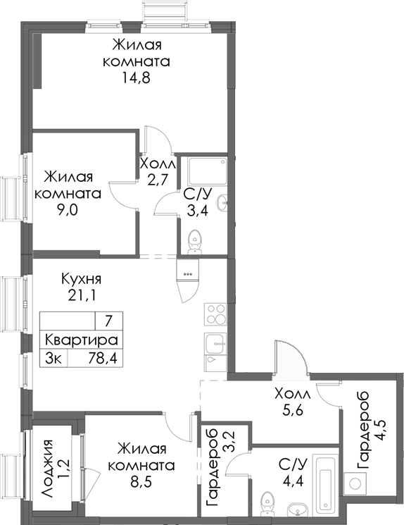 Планировка — Матюшино парк, 3-комн., 77 м²