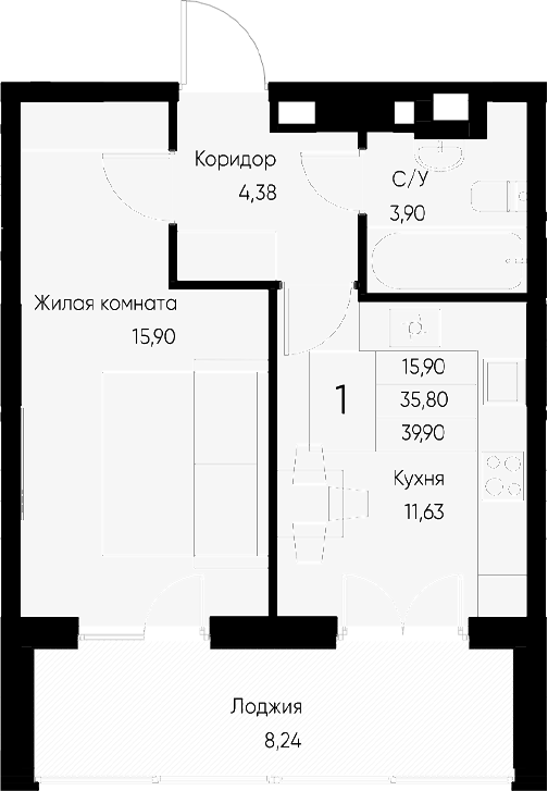 Планировка — Васильевский остров, 1-комн., 36 м²