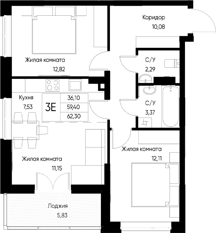Планировка — Васильевский остров, 3-комн., 59 м²