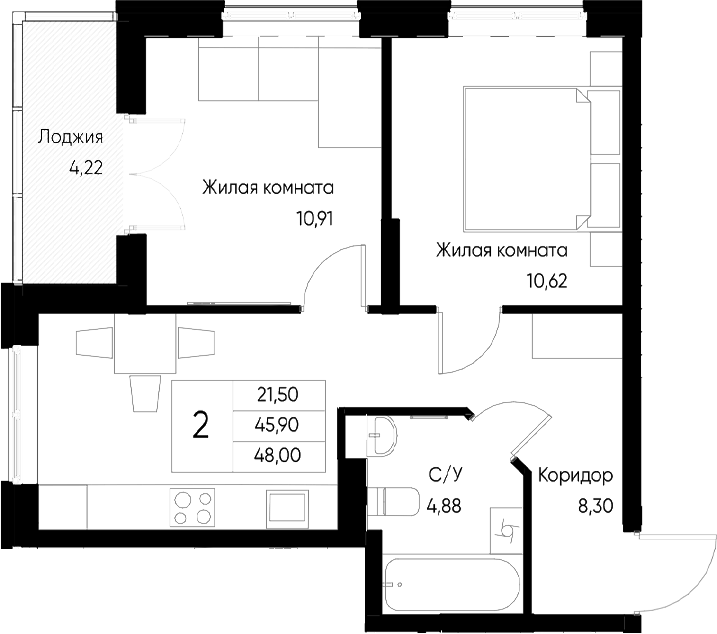 Планировка — Васильевский остров, 2-комн., 46 м²