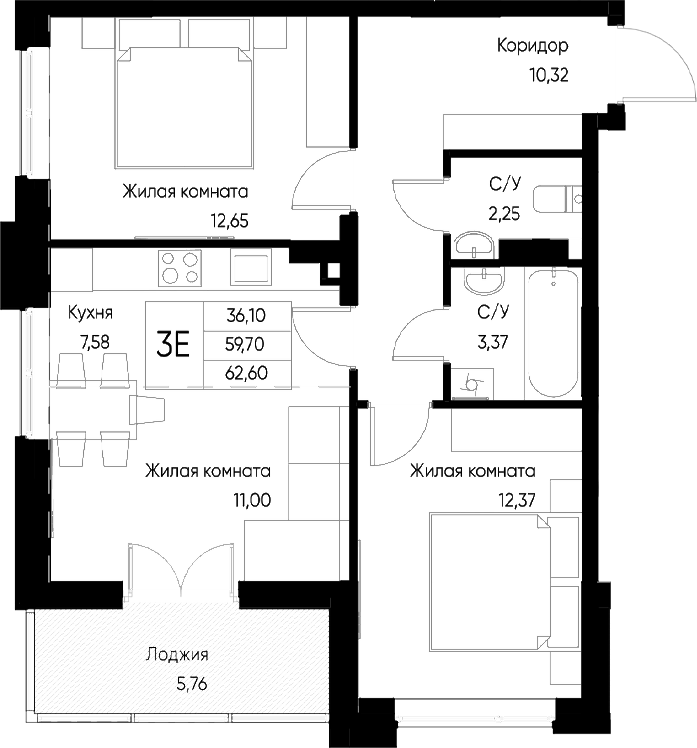 Планировка — Васильевский остров, 3-комн., 60 м²