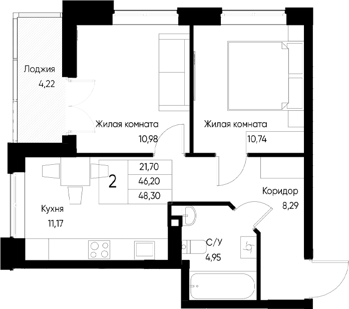 Планировка — Васильевский остров, 2-комн., 46 м²