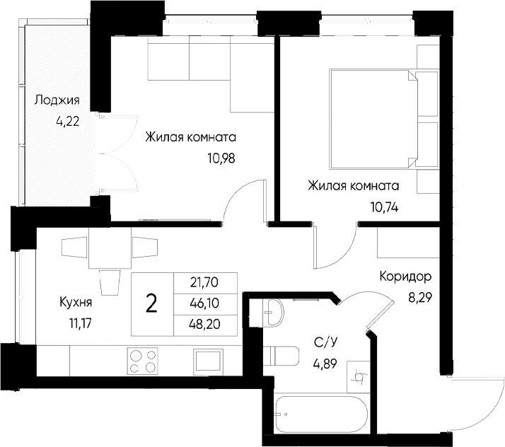 Планировка — Васильевский остров, 2-комн., 46 м²