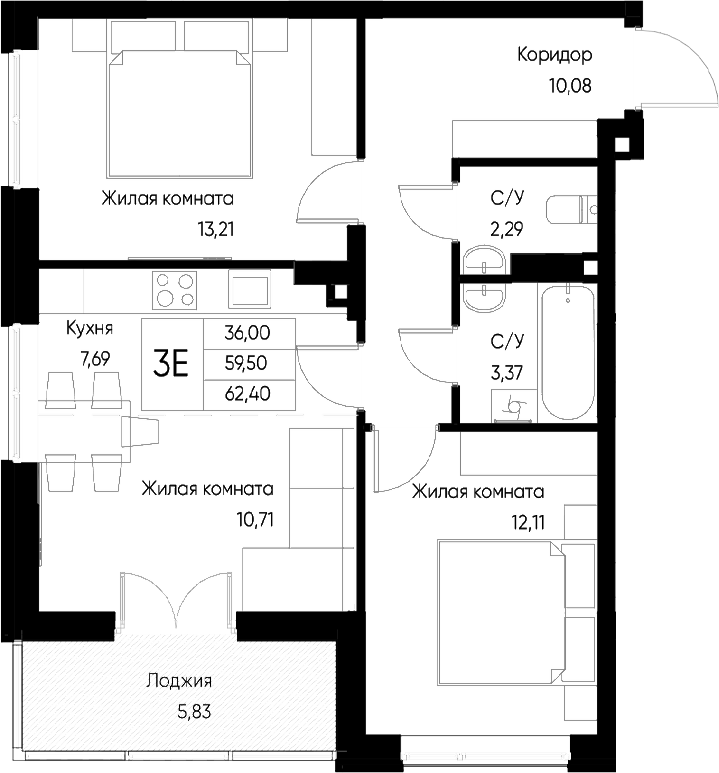 Планировка — Васильевский остров, 3-комн., 59 м²