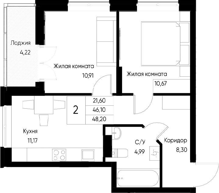 Планировка — Васильевский остров, 2-комн., 46 м²