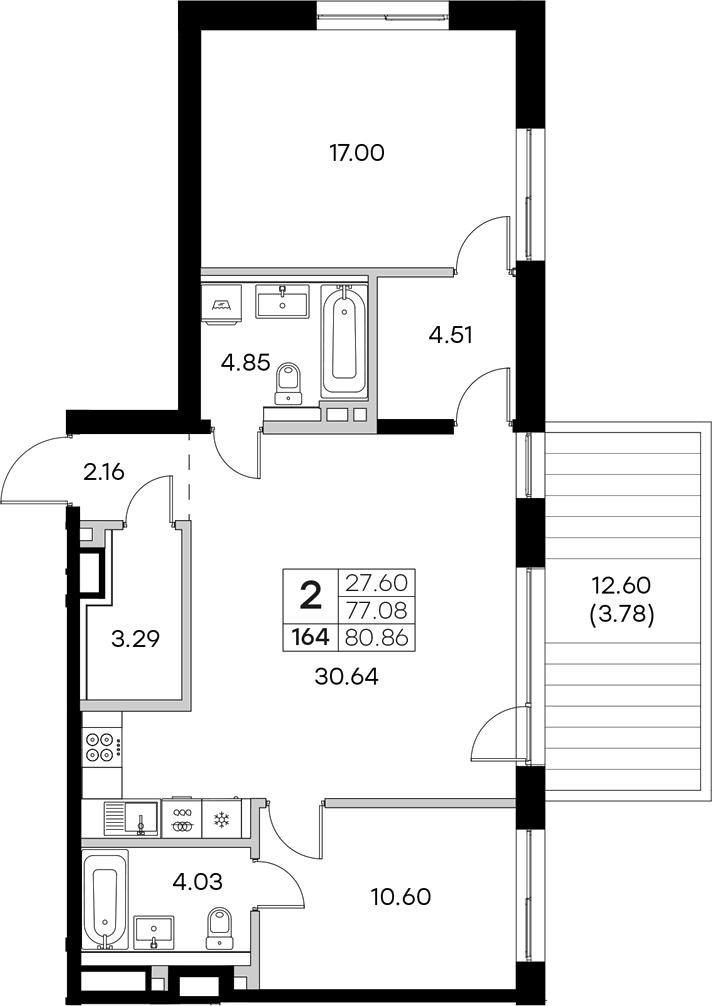 Планировка — Экосити Резиденции, 3-комн., 77 м²