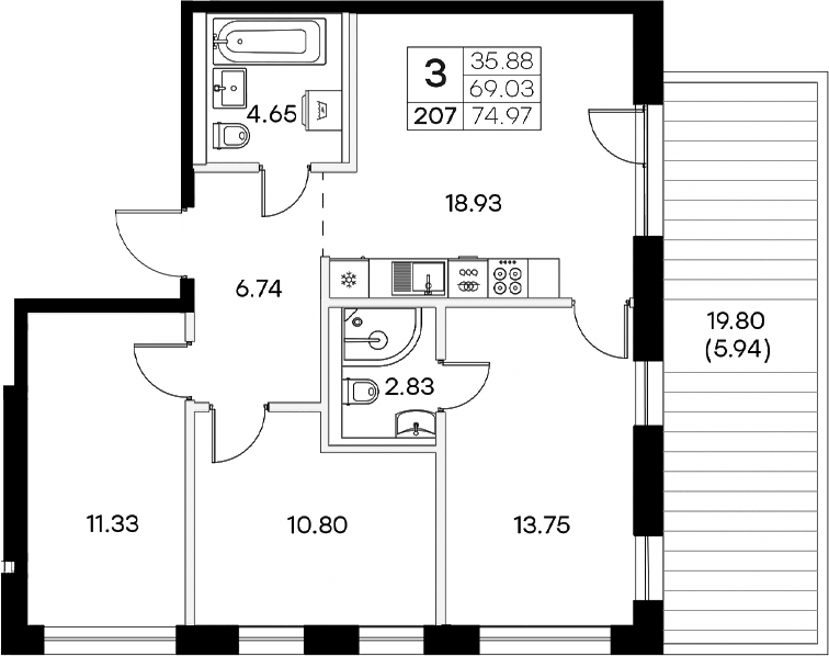 Планировка — Экосити Резиденции, 4-комн., 69 м²