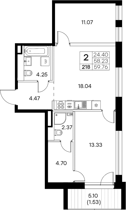 Планировка — Экосити Резиденции, 3-комн., 58 м²