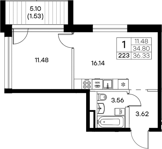 Планировка — Экосити Резиденции, 2-комн., 35 м²