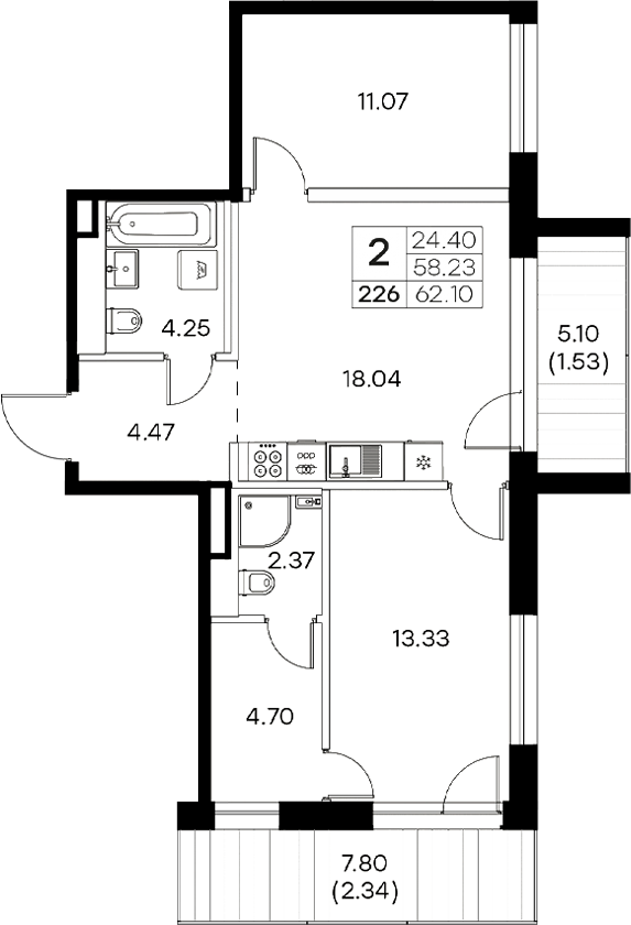 Планировка — Экосити Резиденции, 3-комн., 58 м²