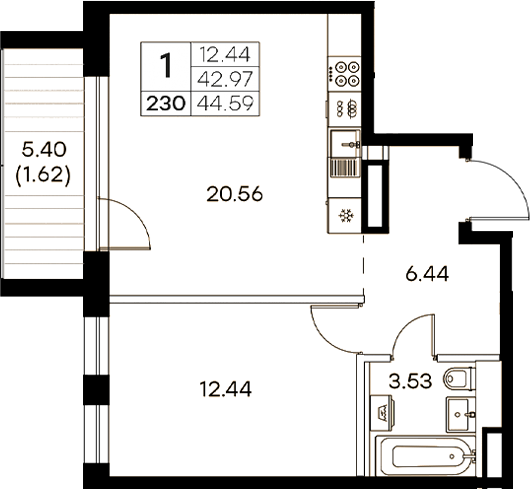 Планировка — Экосити Резиденции, 2-комн., 43 м²