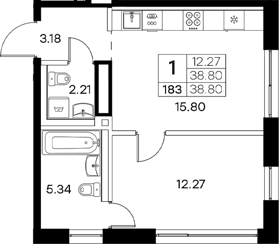 Планировка — Экосити Резиденции, 2-комн., 39 м²
