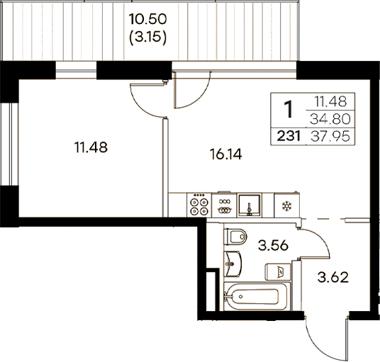Планировка — Экосити Резиденции, 2-комн., 35 м²