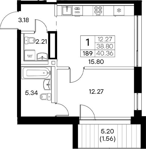 Планировка — Экосити Резиденции, 2-комн., 39 м²