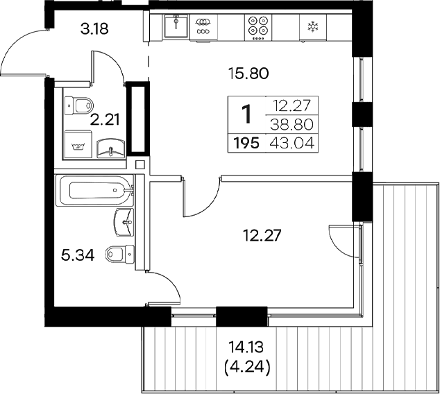 Планировка — Экосити Резиденции, 2-комн., 39 м²
