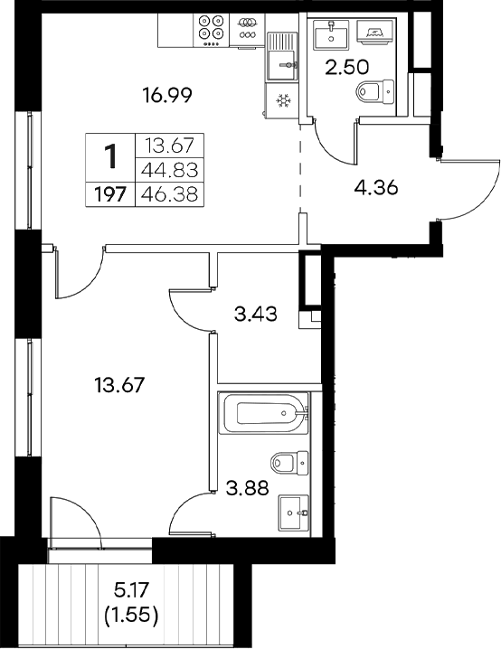 Планировка — Экосити Резиденции, 2-комн., 45 м²