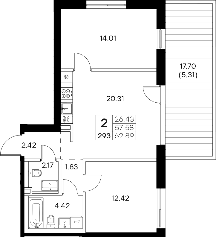 Планировка — Экосити Резиденции, 3-комн., 58 м²