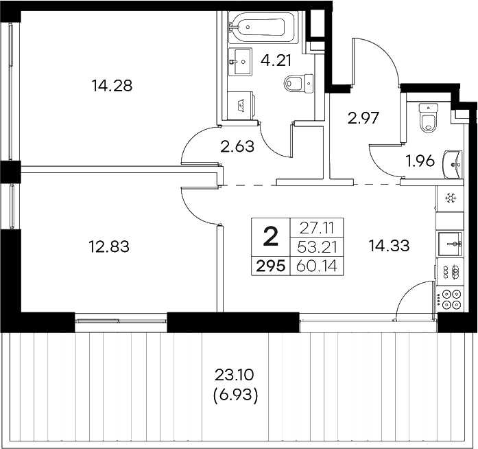 Планировка — Экосити Резиденции, 2-комн., 53 м²