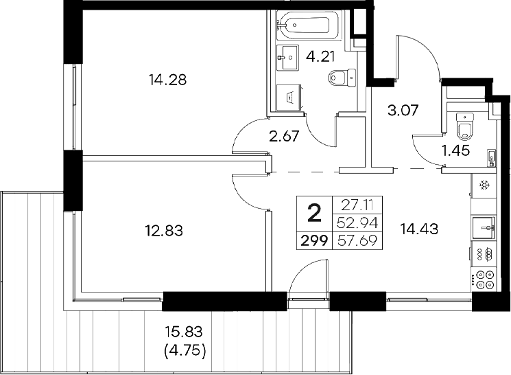 Планировка — Экосити Резиденции, 2-комн., 53 м²