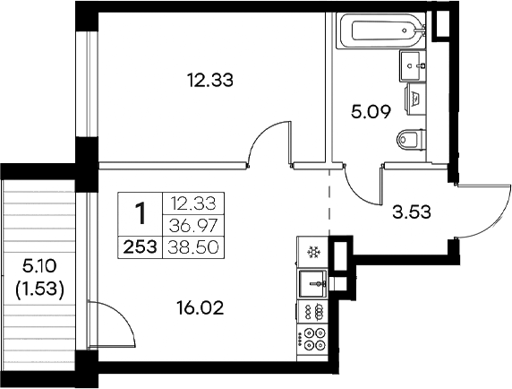 Планировка — Экосити Резиденции, 2-комн., 37 м²