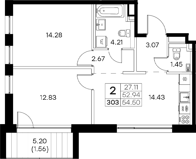 Планировка — Экосити Резиденции, 2-комн., 53 м²