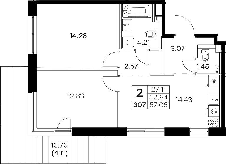 Планировка — Экосити Резиденции, 2-комн., 53 м²
