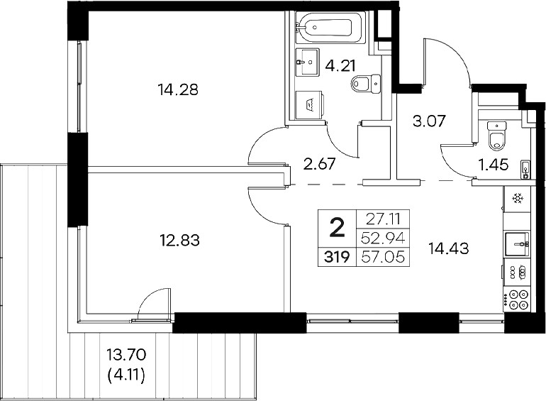 Планировка — Экосити Резиденции, 2-комн., 53 м²