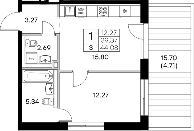 Планировка — Экосити Резиденции, 2-комн., 39 м²