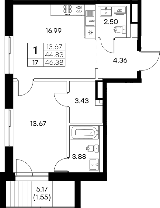Планировка — Экосити Резиденции, 2-комн., 45 м²