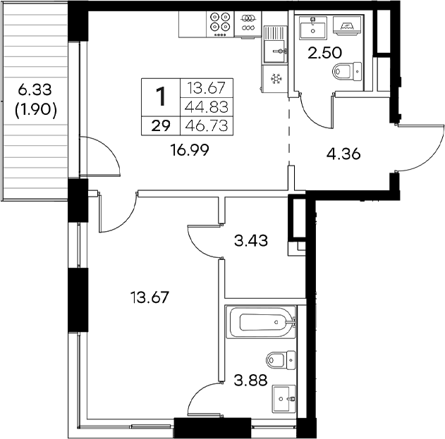 Планировка — Экосити Резиденции, 2-комн., 45 м²