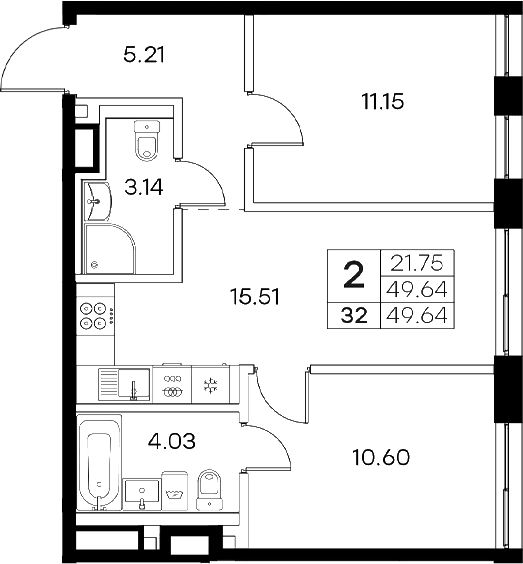 Планировка — Экосити Резиденции, 3-комн., 50 м²