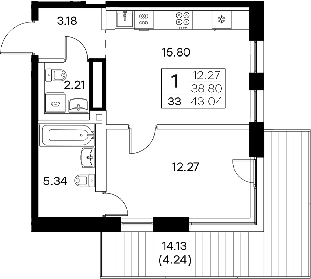 Планировка — Экосити Резиденции, 2-комн., 39 м²