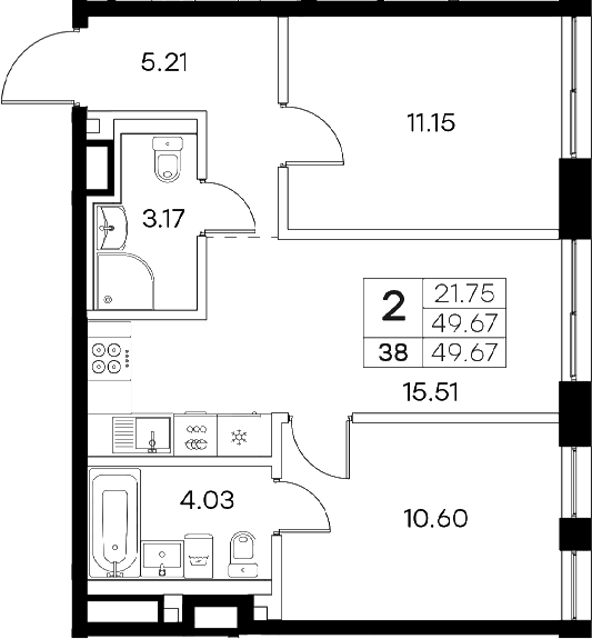 Планировка — Экосити Резиденции, 3-комн., 50 м²