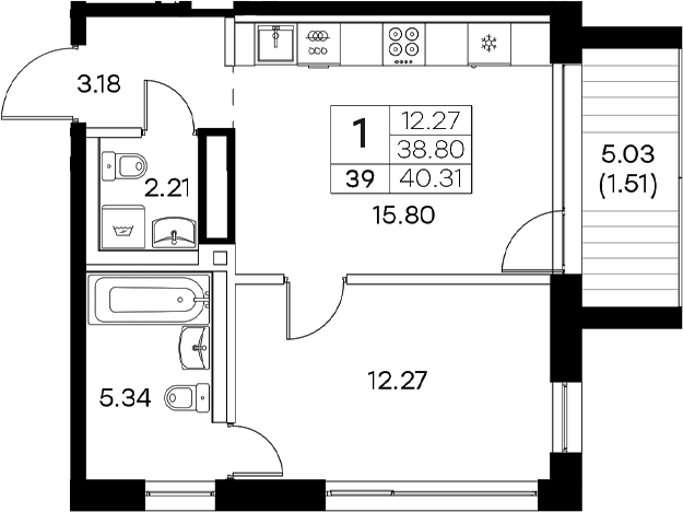 Планировка — Экосити Резиденции, 2-комн., 39 м²