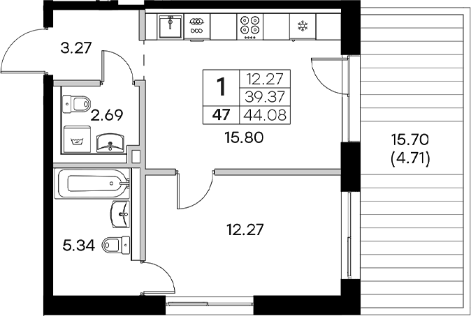 Планировка — Экосити Резиденции, 2-комн., 39 м²