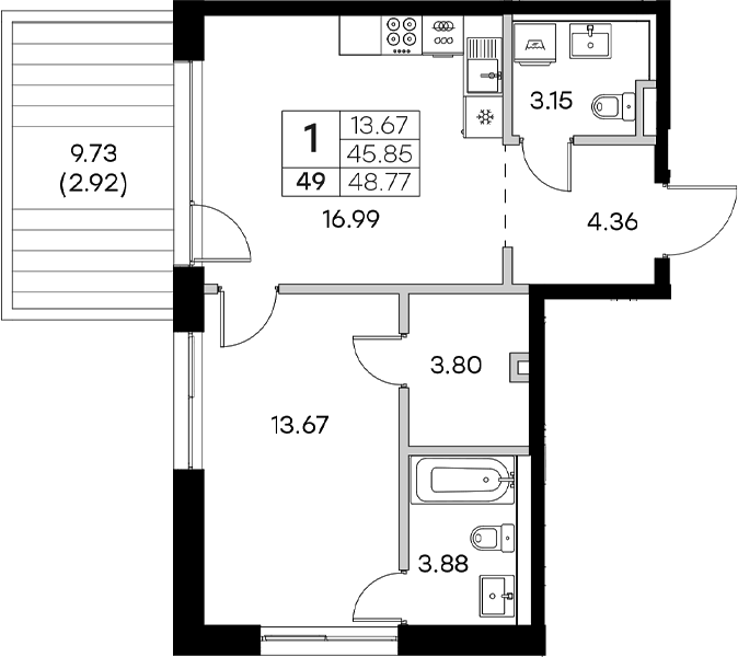 Планировка — Экосити Резиденции, 2-комн., 46 м²