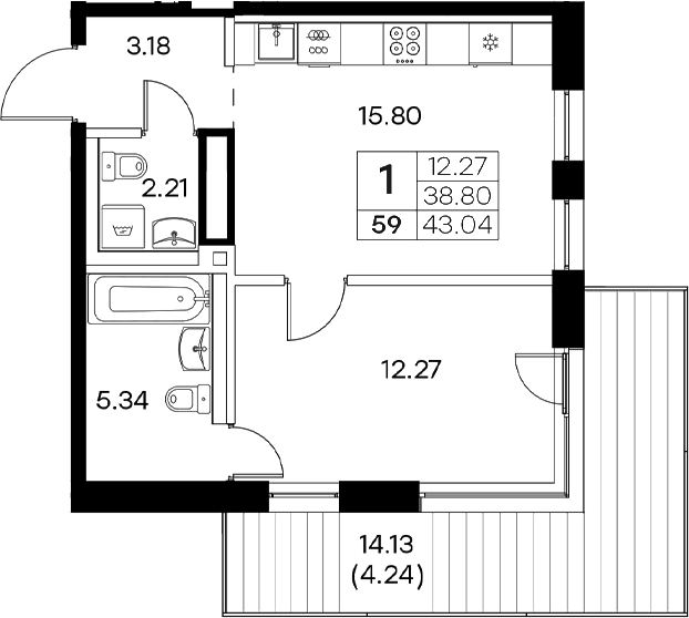 Планировка — Экосити Резиденции, 2-комн., 39 м²
