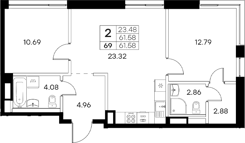 Планировка — Экосити Резиденции, 3-комн., 62 м²