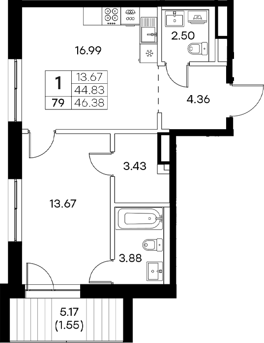 Планировка — Экосити Резиденции, 2-комн., 45 м²