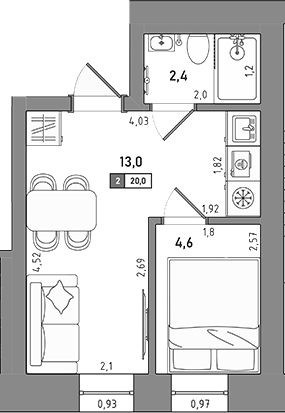 Планировка — Апарт-отель Весна, 1-комн., 21 м²