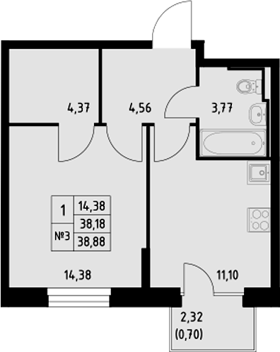 Планировка — Манзара, 1-комн., 38 м²